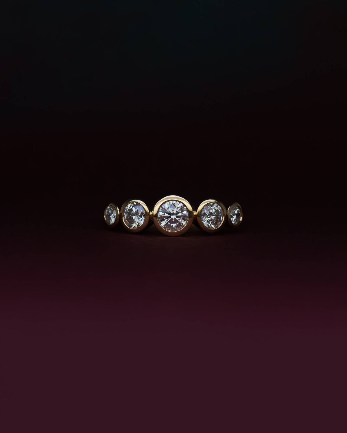 espoke five stone bezel set diamond engagement ring in 18K yellow gold — natural diamonds, handcrafted by Benjamin Rose Melbourne