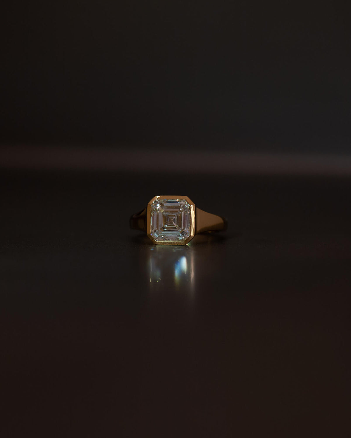 Bespoke asscher cut diamond signet engagement ring in 18K yellow gold with 3.02ct lab grown diamond — handcrafted by Benjamin Rose Melbourne
