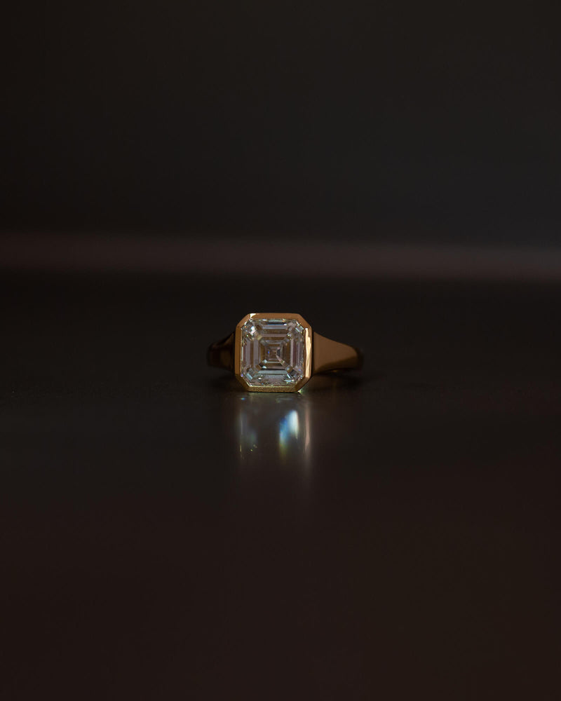 Bespoke asscher cut diamond signet engagement ring in 18K yellow gold with 3.02ct lab grown diamond — handcrafted by Benjamin Rose Melbourne