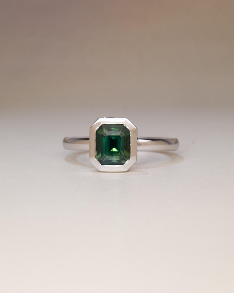 Bespoke Bella emerald cut bezel solitaire engagement ring in 9K white gold with 1.69ct Australian sapphire — handcrafted by Benjamin Rose Melbourne