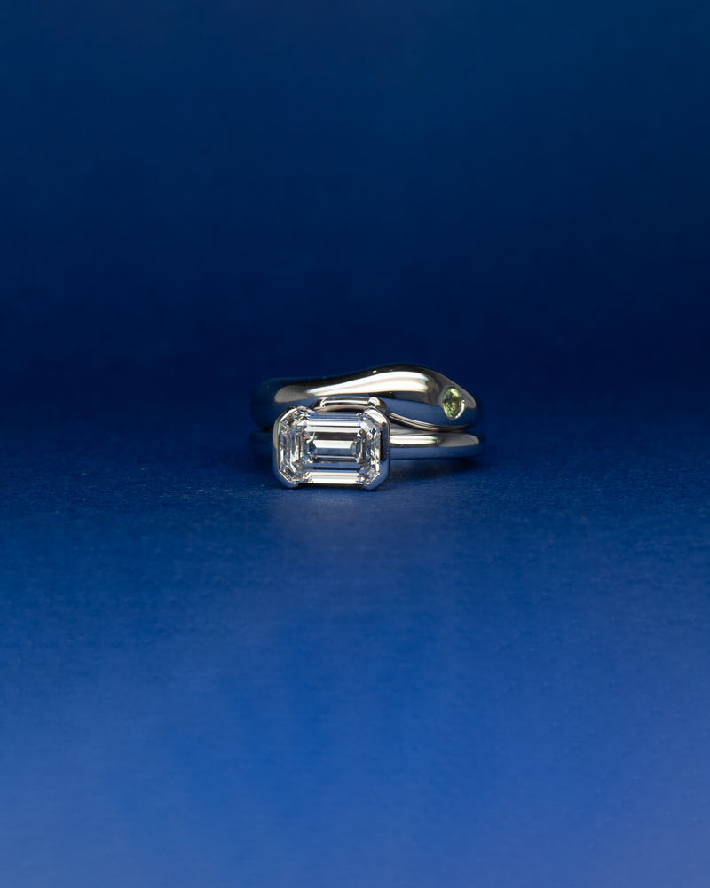 Bespoke east west half bezel solitaire engagement ring in 18K white gold with 2.21ct emerald cut lab grown diamond — handcrafted by Benjamin Rose Melbourne