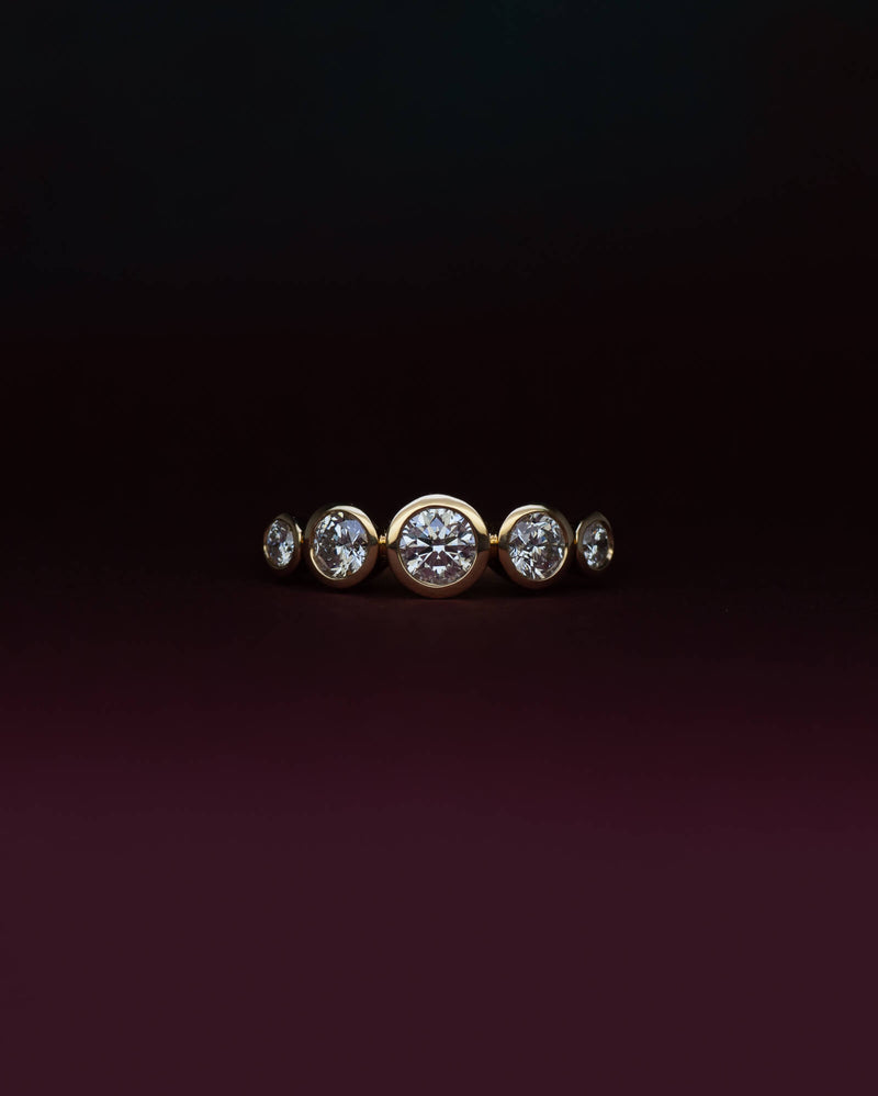 espoke five stone bezel set diamond engagement ring in 18K yellow gold — natural diamonds, handcrafted by Benjamin Rose Melbourne