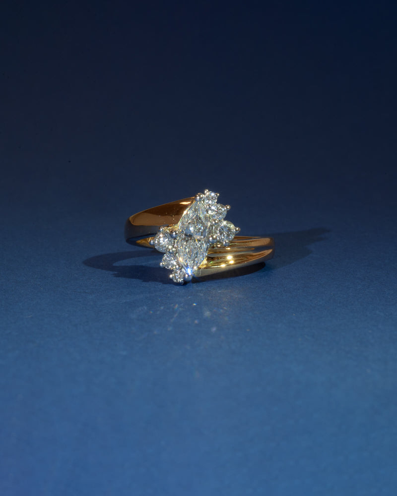 Bespoke marquise cluster engagement ring with 18K yellow gold band and white gold setting — natural heirloom diamonds, handcrafted by Benjamin Rose Melbourne